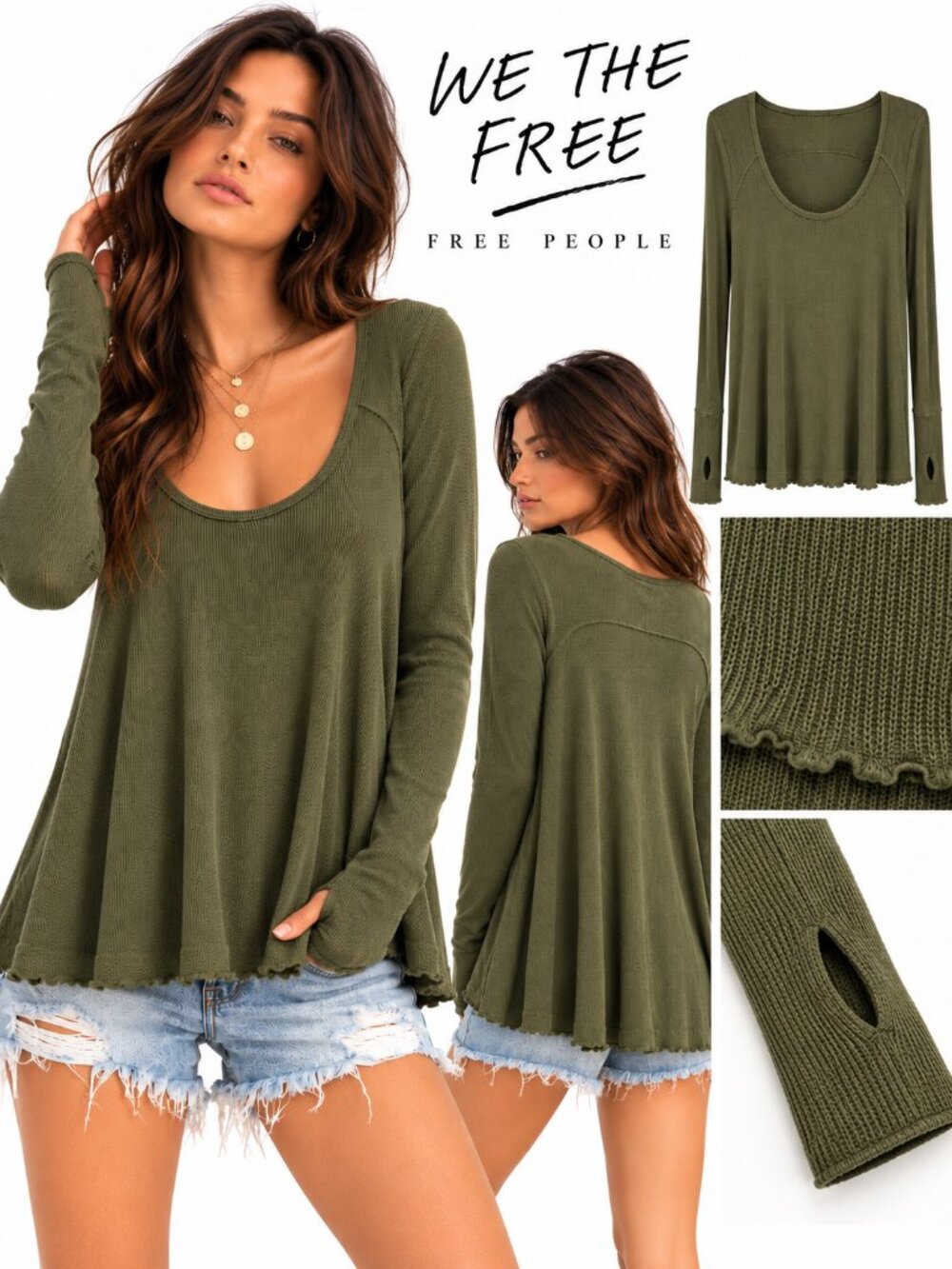 🌿🤎 FREE PEOPLE | WE THE FREE | OLIVE WAFFLE KNIT BOHO THUMBHOLE TUNIC 🤎🌿